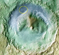 Gale Crater is shown with the rover's landing area circled in yellow. Image courtesy NASA
